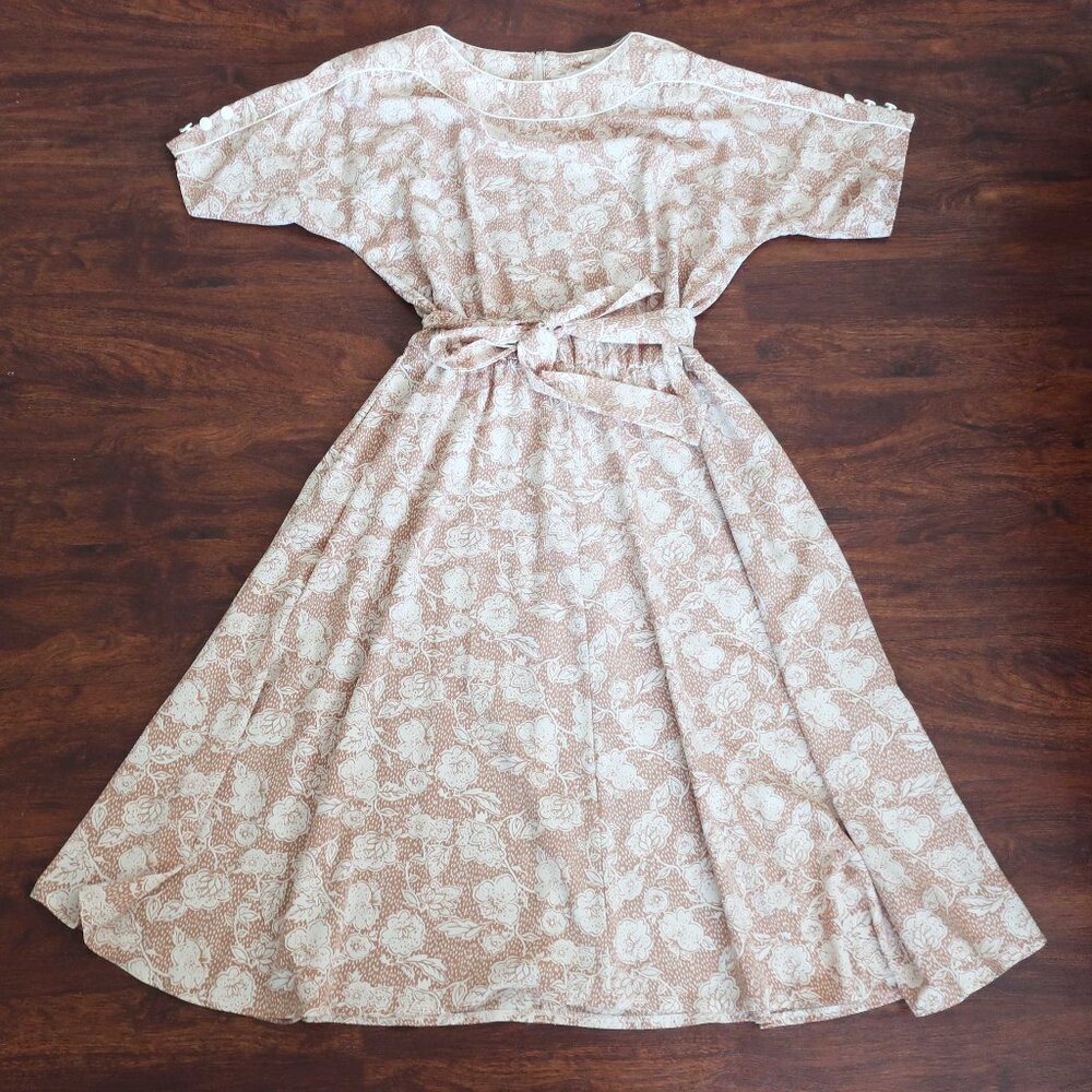 Brownstone Studio Midi Dress Dolman Ivory Floral Padded Shoulder Belted VTG